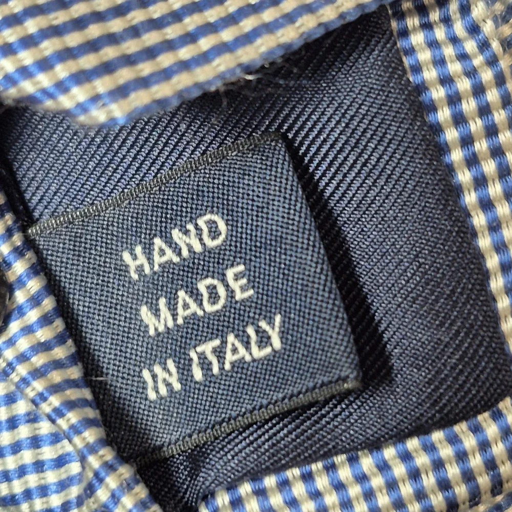 Polo Ralph‎ Lauren Handmade Italy Silk Cotton Blue Micro Check Necktie Preppy